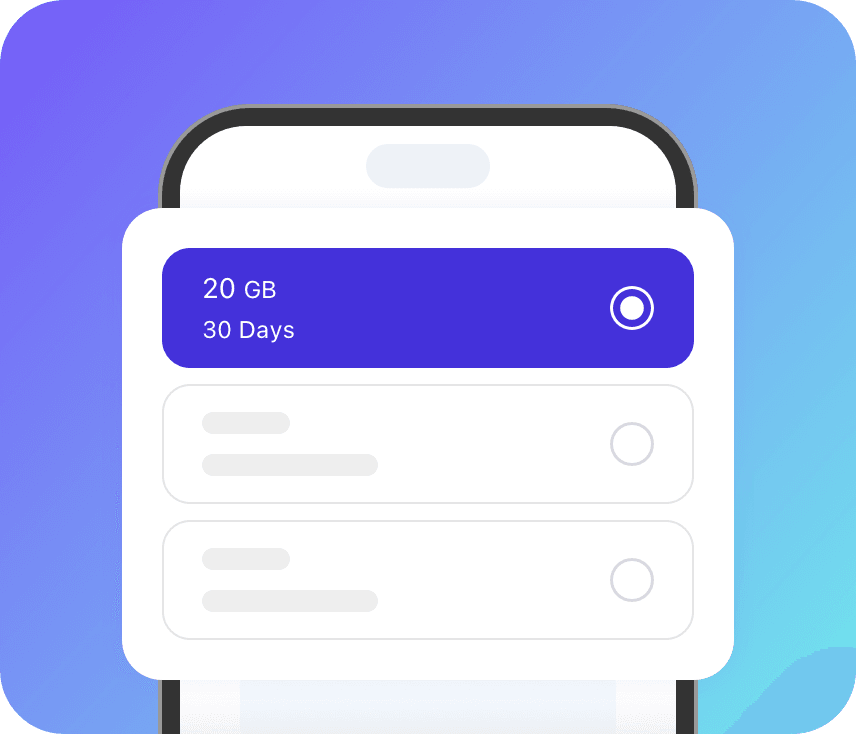 Choosing a 20 GB, 30-day plan from the Billion Connect app