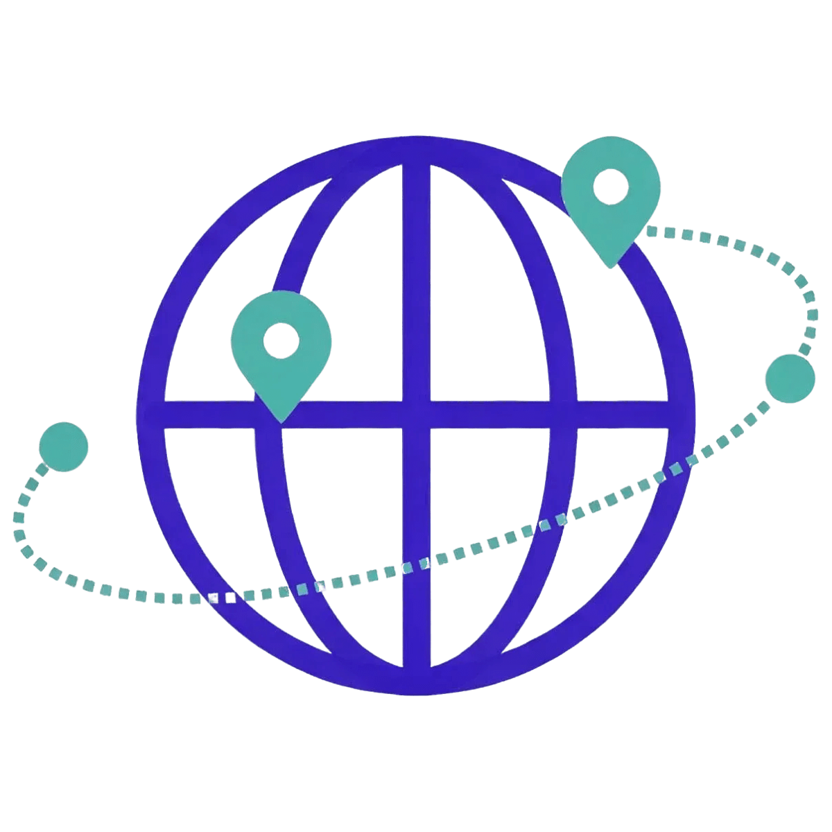 A globe circled by an orbit of location pins, representing worldwide coverage