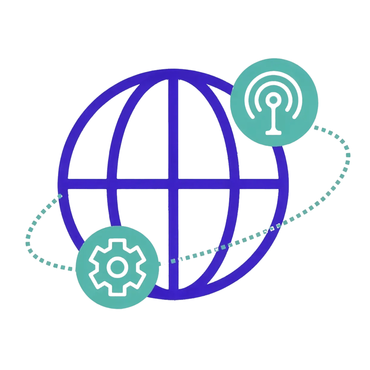 A globe orbited by a signal tower and a settings gear, indicating global carrier integration